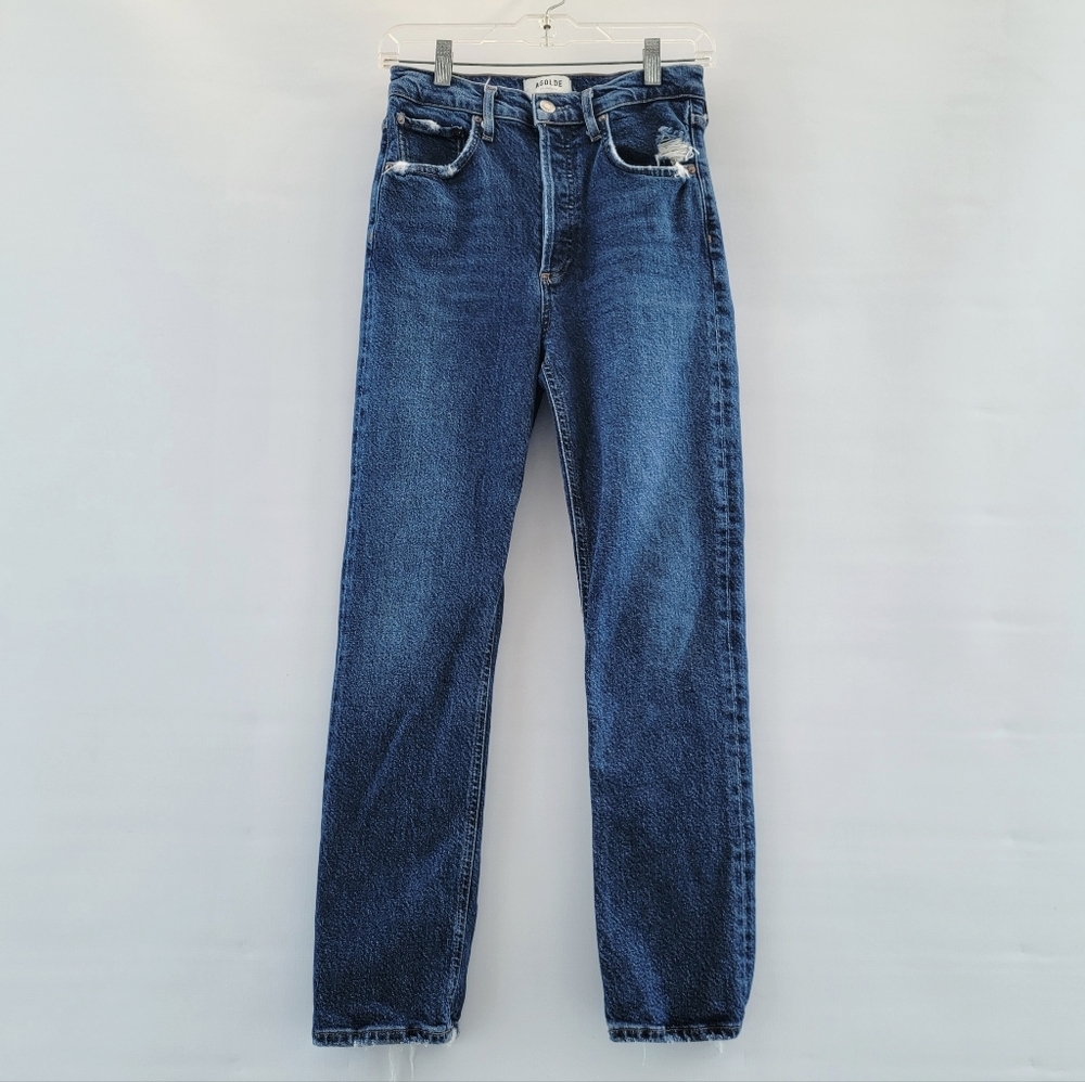 Agolde Riley Distressed Jeans Size 26 Blue Medium Wash Minimalist Designer Denim - Picture 9 of 16